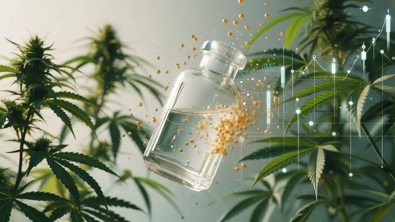 Abstraktní vizualizace nanoemulze kanabinoidů v čirém nápoji