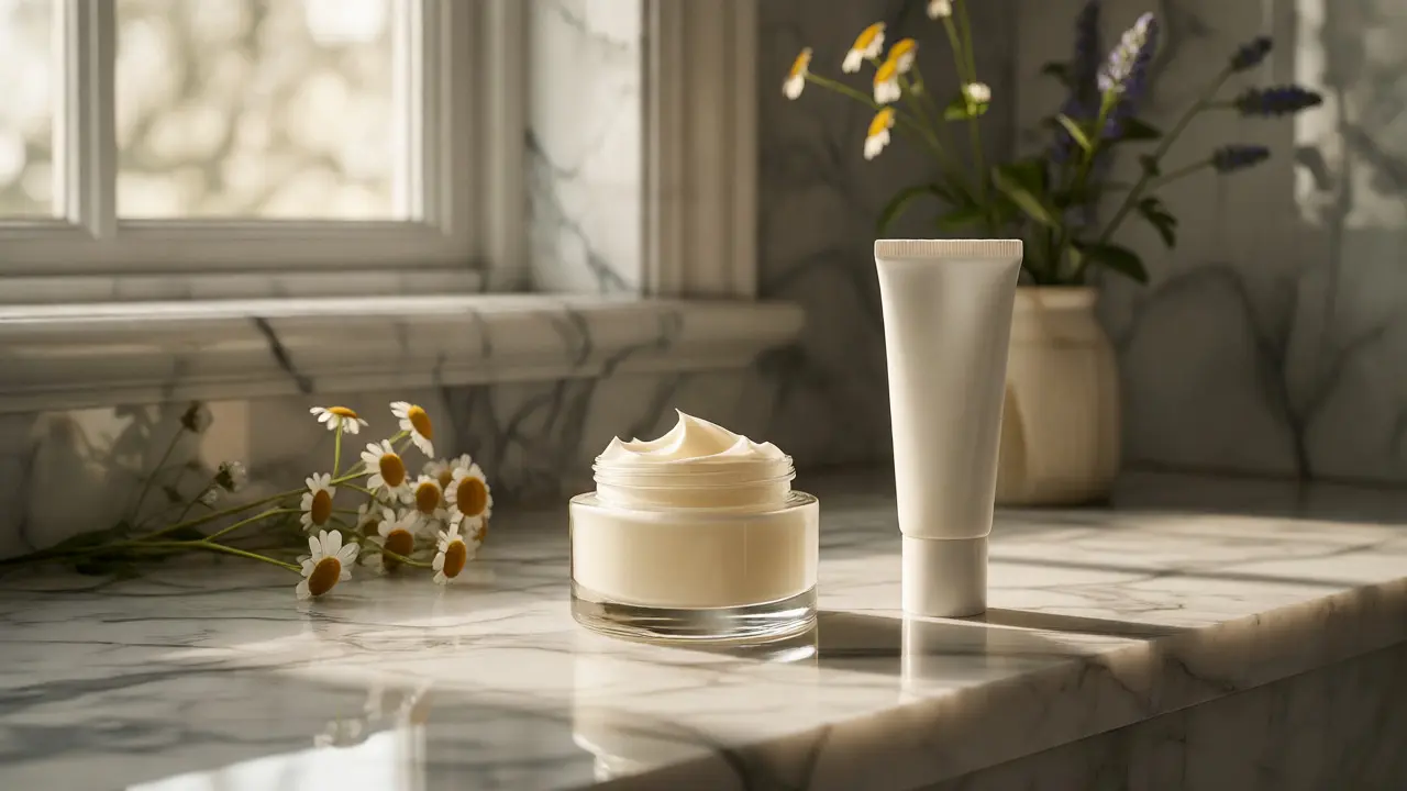 CBG cosmetic cream and balm displayed on a marble bathroom counter