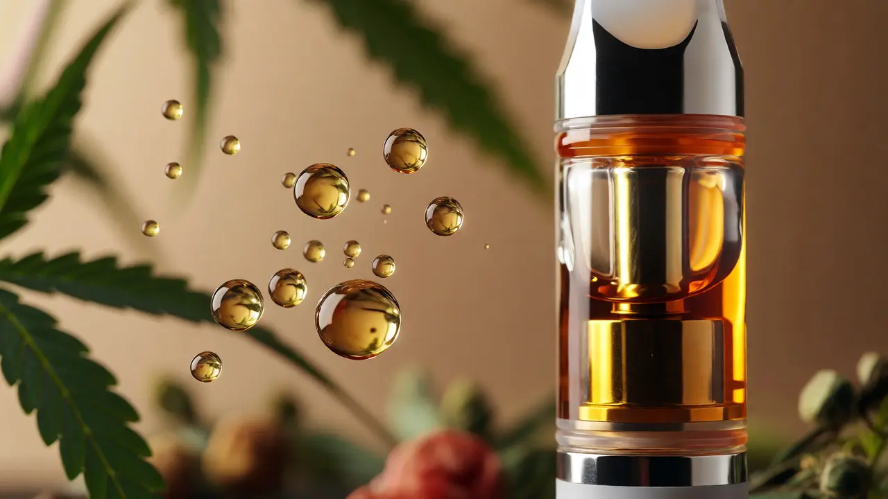 Makro fotografie kapky CBD oleje vedle skleněné náplně do vapu