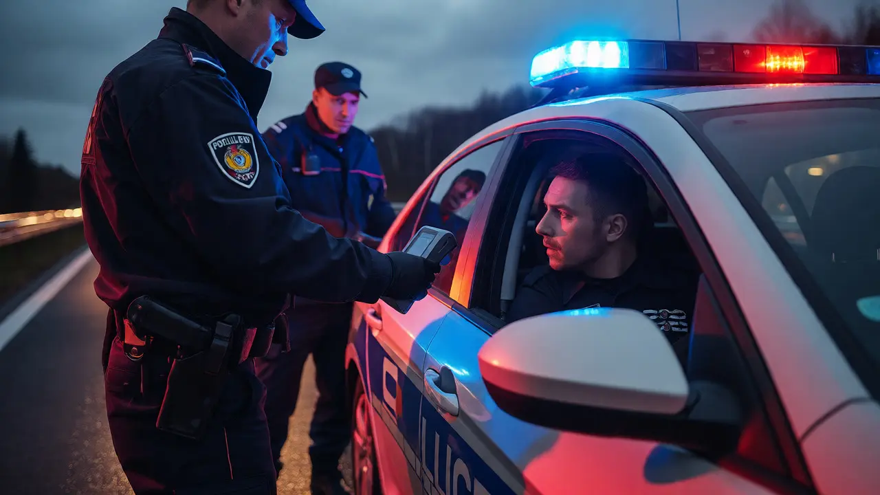 Policejní kontrola na dálnici s dechovou zkouškou řidiče