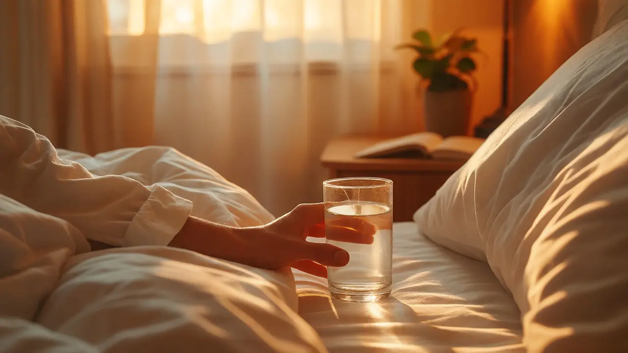 Ranní scéna v ložnici se slunečním světlem a sklenicí vody