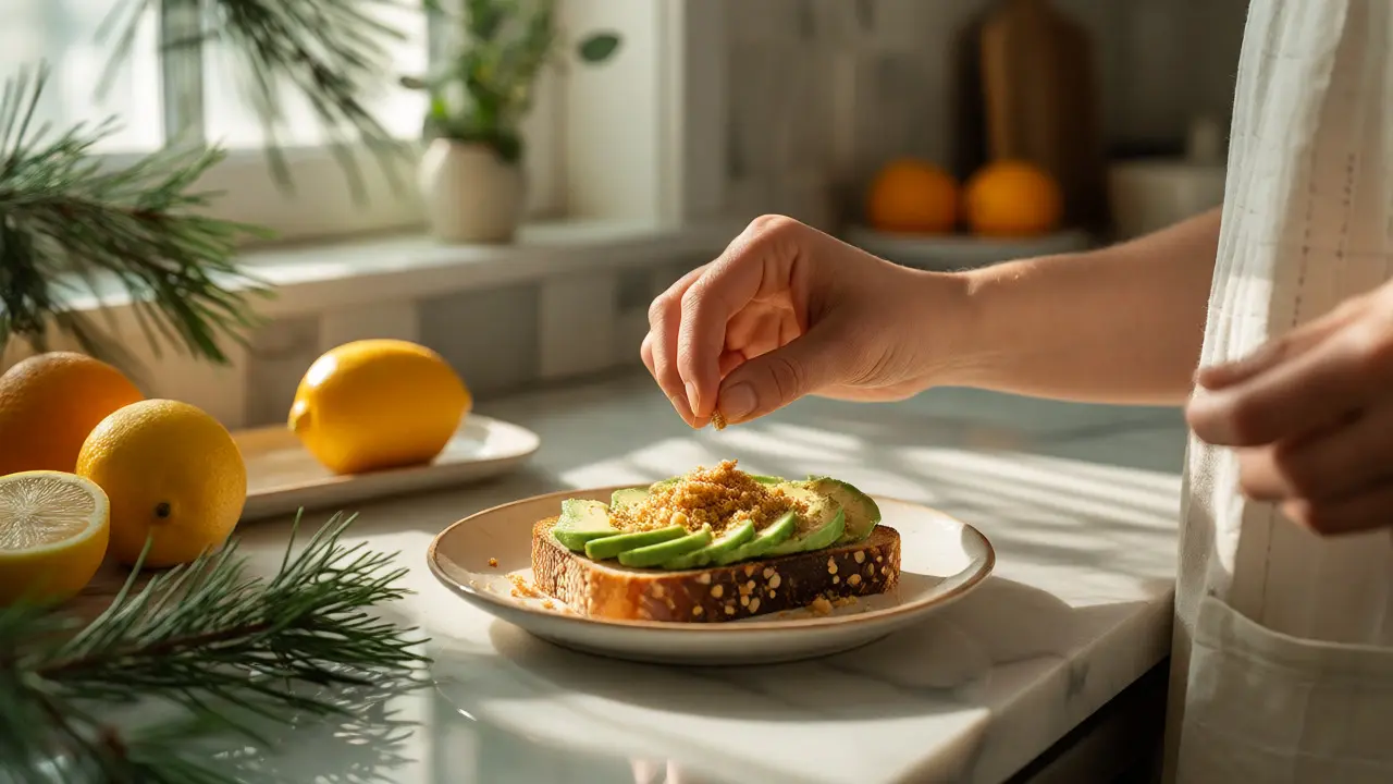 Ruce připravující avokádový toast s malým množstvím CBD crumble v kuchyni