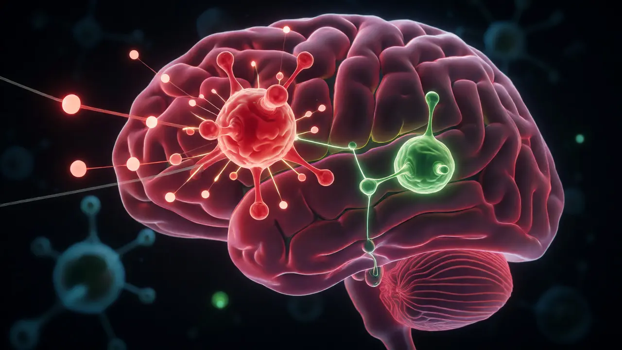 Scientific visualization of THC and H4CBD molecules interacting with brain receptors.