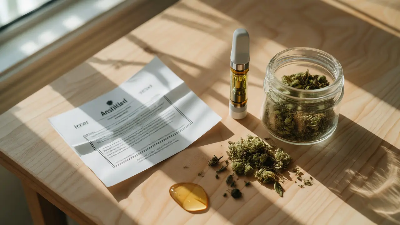CBD cartridge vedoucí konopných květů a certifikátu kvality na stole