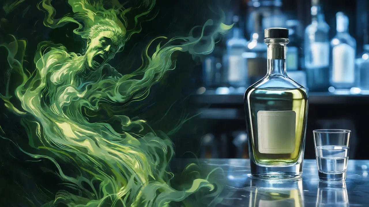 Konceptuální ilustrace kontrastující mytickou zelenou vílu s moderním pohledem na absinth.