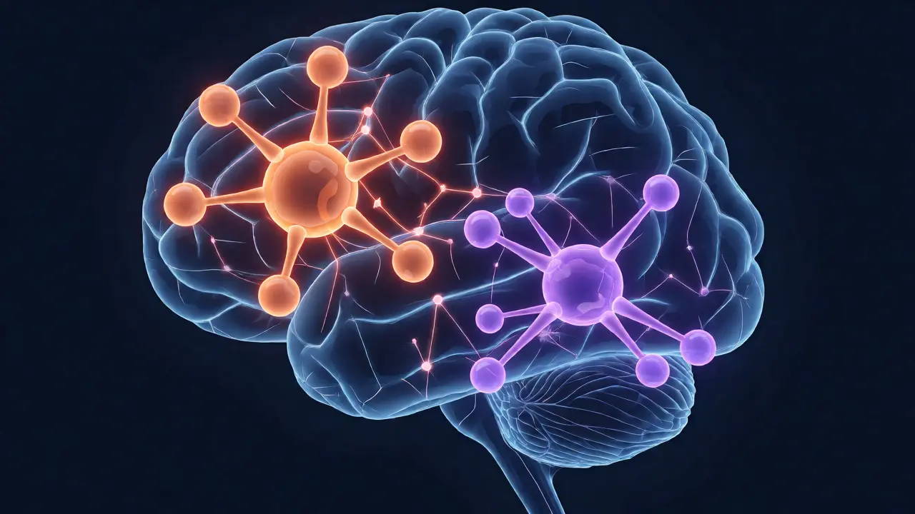 Konceptuální ilustrace lidského mozku s molekulami HHC a Delta-8 ovlivňujícími neurony.