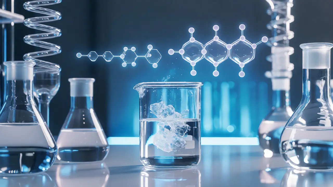 Laboratorní scéna s chemickým sklem znázorňující syntézu THCP z CBD pomocí molekulárních struktur.