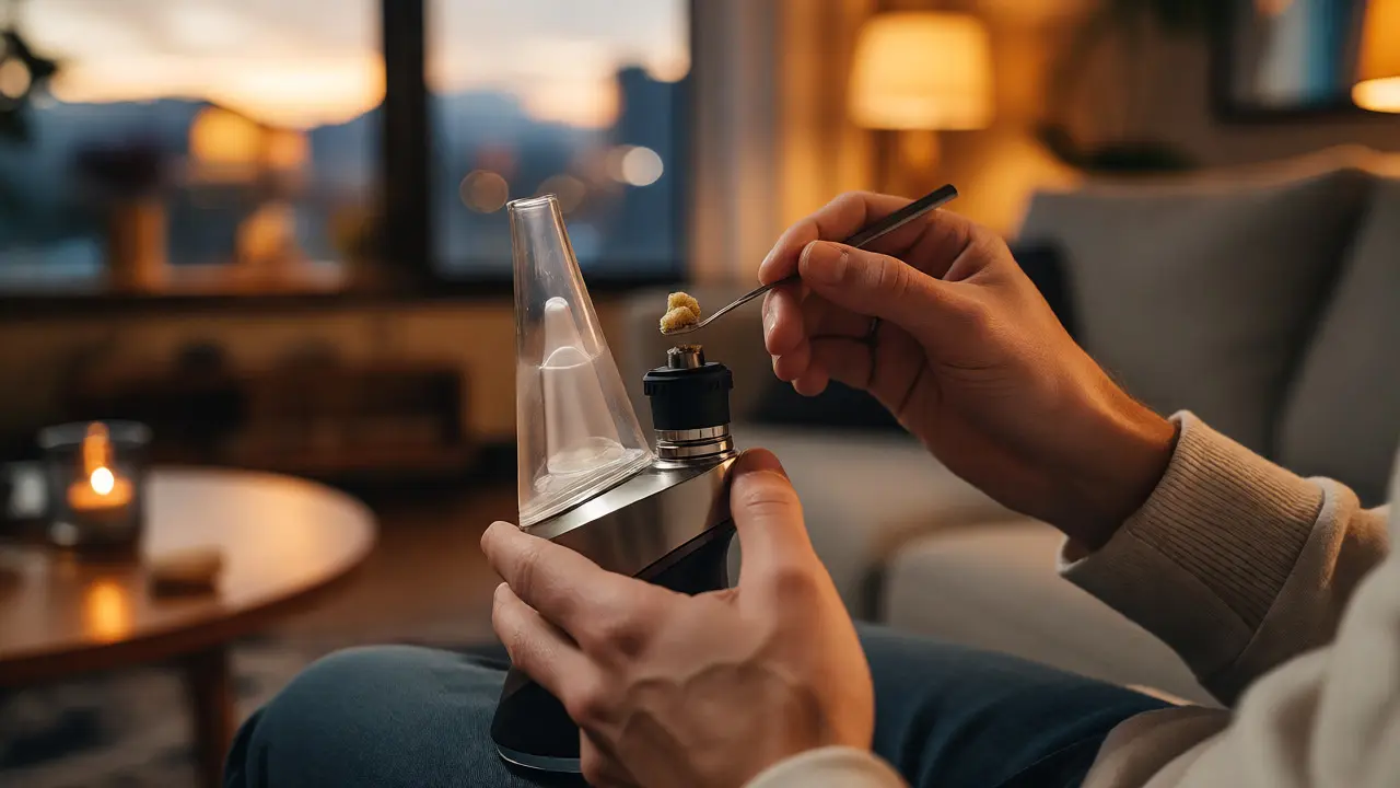 Osoba používající dab rig s kvalitním CBD krumblem v obýváku