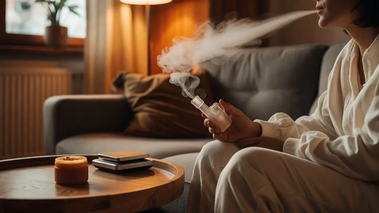 Osoba v klidném prostředí vydechuje páru z dýmky po kouření CBD crumble pro relaxaci.