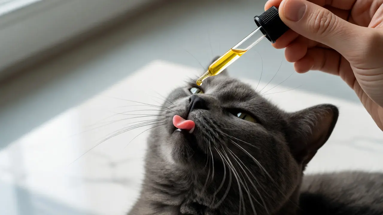 Podání kapky CBD oleje pipetou do tlamy klidné šedé kočky.