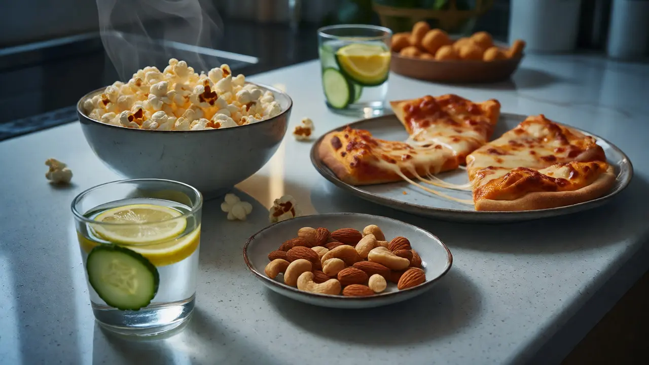 Popcorn, pizza a oříšky na kuchyňské lince s vodou s citronem