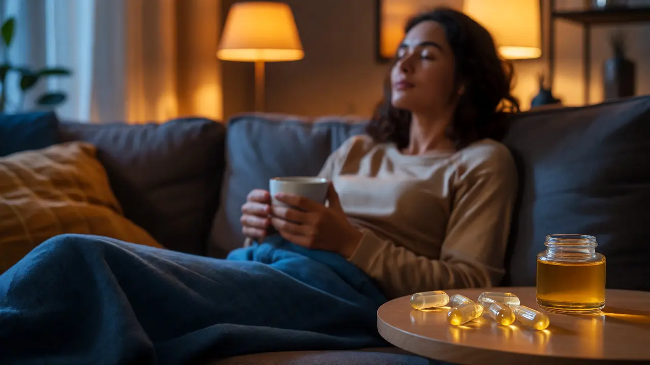 Relaxovaná žena večer s kapslemi CBD pro lepší spánek