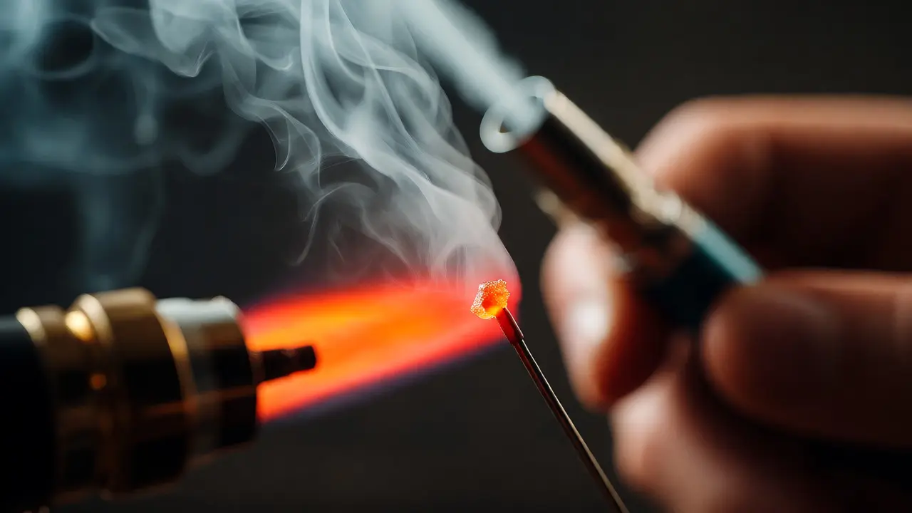 Rozžhavený titanový nail s plamenem hořáku a stoupající pára vedle vape pera.