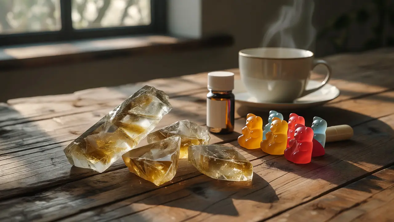 Srovnání forem CBD: shatter, gummies a kapsle na stole