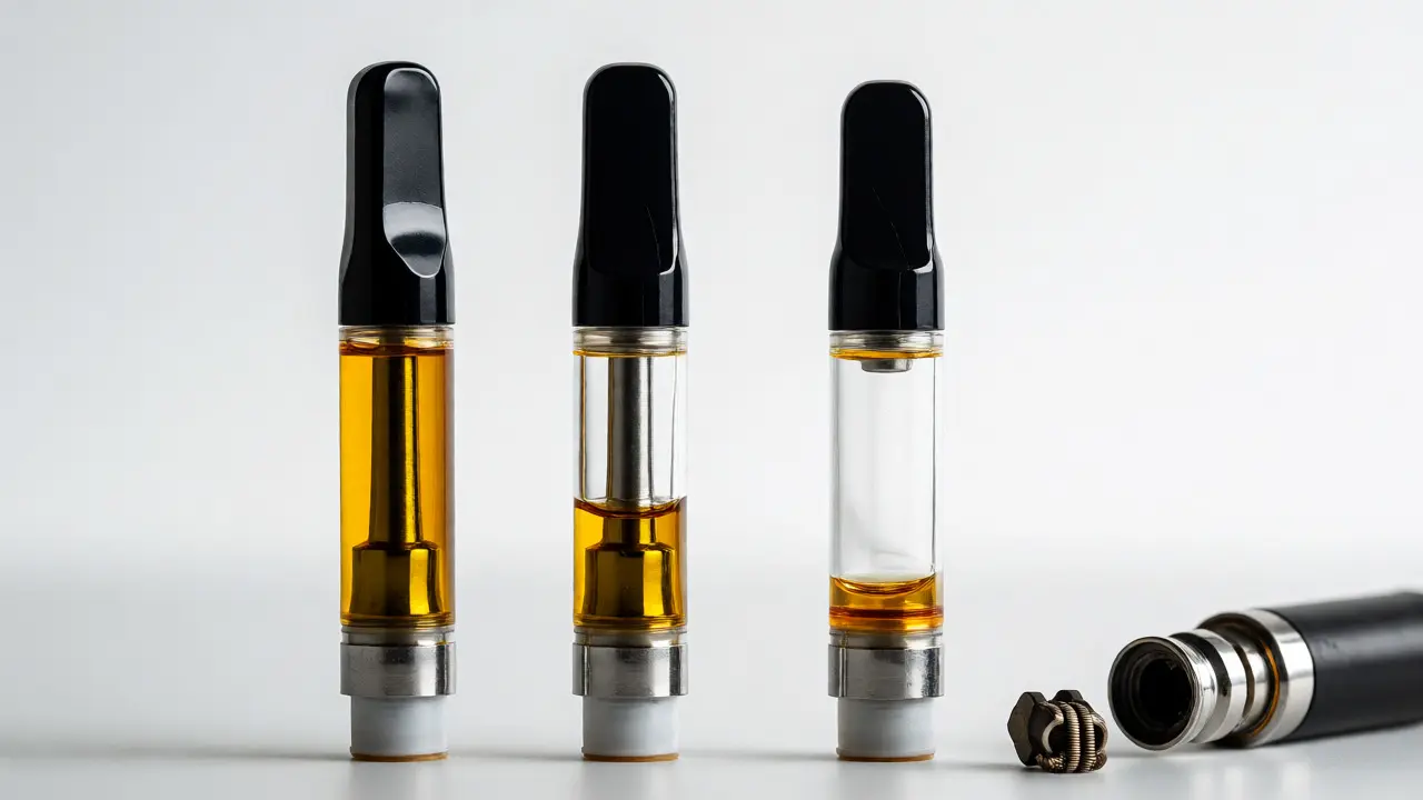 Tři CBD cartridgy různé úrovně naplnění vedle rozebraného bateriového pera.